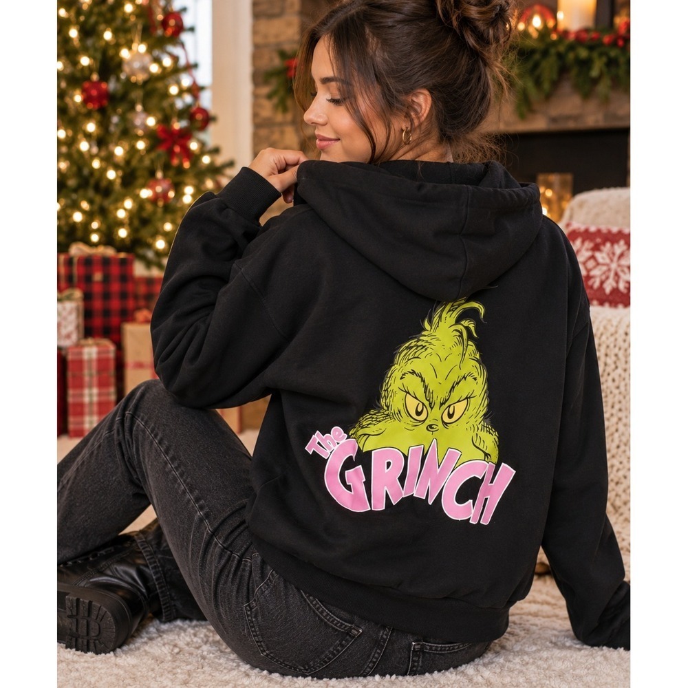 The Grinch Full Zip Hoodie Juniors M Black Pink Green Graphic Christmas Y2K